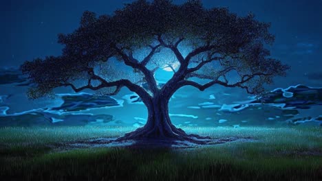 under a calm night sky, a grand tree stands tall, its branches reaching outwards like arms embracing the moon. the luminous orb casts a soft glow, creating intricate shadows on the grassy ground. wisps of clouds drift lazily across the starry expanse, adding to the tranquil atmosphere. this enchanti