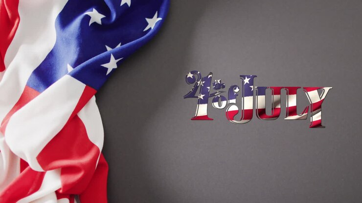 Animation of 4th of july text in flag colours and flag of america on grey background