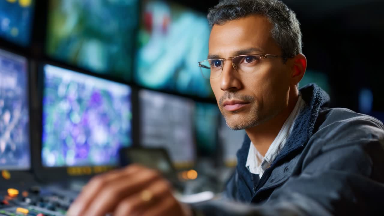 Focused Professional Monitoring Operations in Control Room with Advanced Technology and Multiple Screens Displaying Data and Visuals for Analysis and Decision-Making