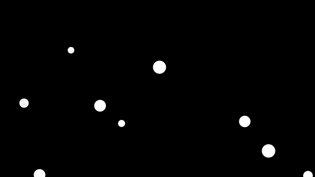 Digital animation of small white circles representing bubbles, moving in space, isolated on black background