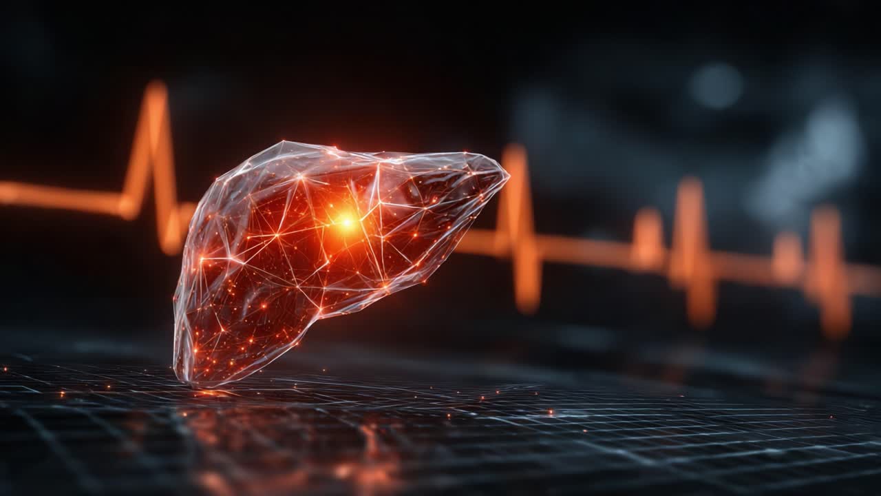 Visual Representation of a Liver Model with Digital Connections and Heart Rate Pulse Overlaid in a Futuristic Healthcare Concept