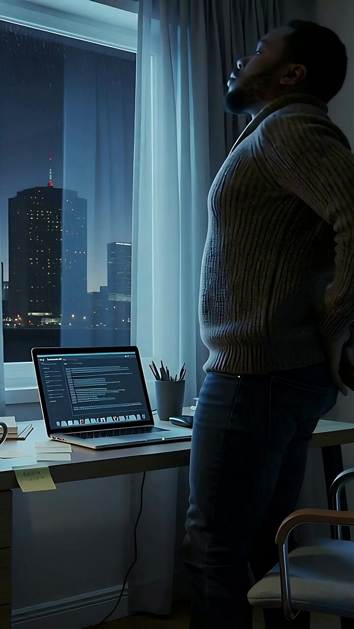 Vertical video: Rising man in sweater stretching after coding at desk, laptop open, copy space