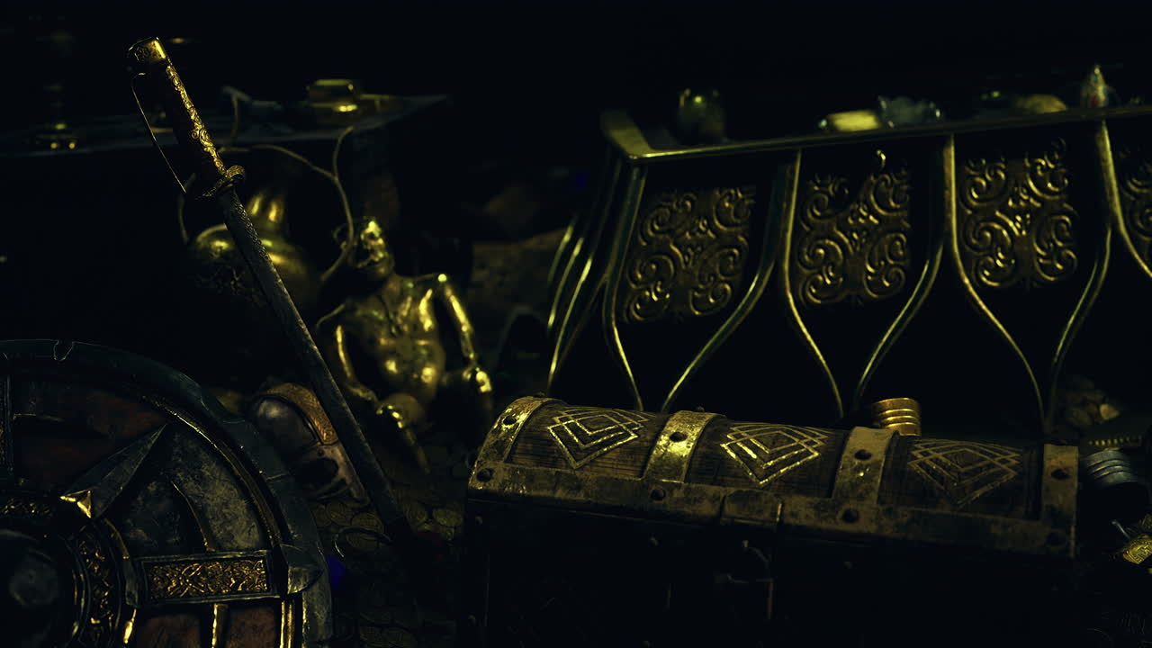 Treasures and artifacts hidden in the depths of a mysterious cave