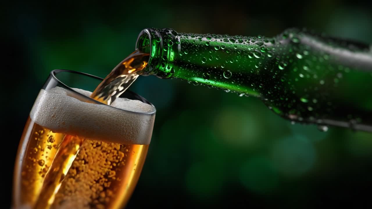 Birra rinfrescante che si versa da una bottiglia verde in un bicchiere ghiacciato, mostrando una schiuma perfetta e bollicine su uno sfondo vivido.