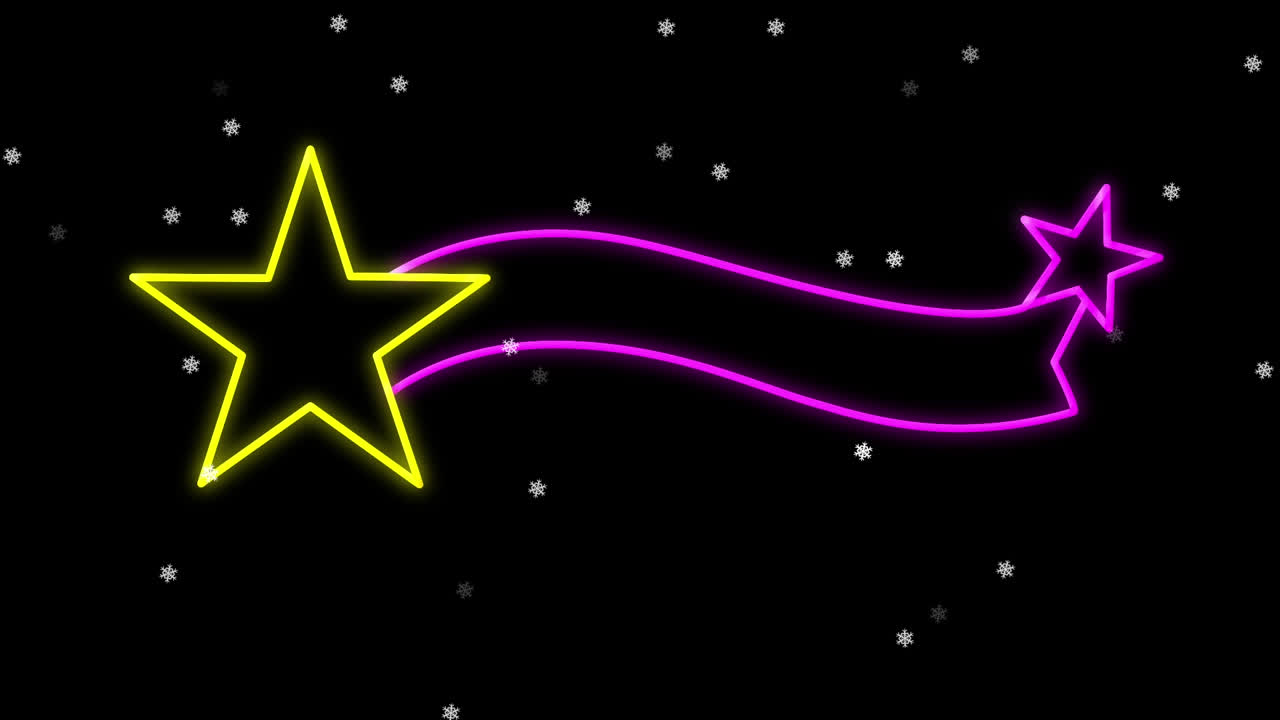 animación de nieve cayendo sobre la decoración de neón de navidad sobre fondo negro