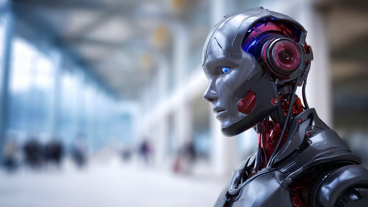 Modern bir ortamda gelişmiş teknolojiyi ve karmaşık detayları sergileyen, şık Design’a ve aydınlatmalı özelliklere sahip fütüristik robot