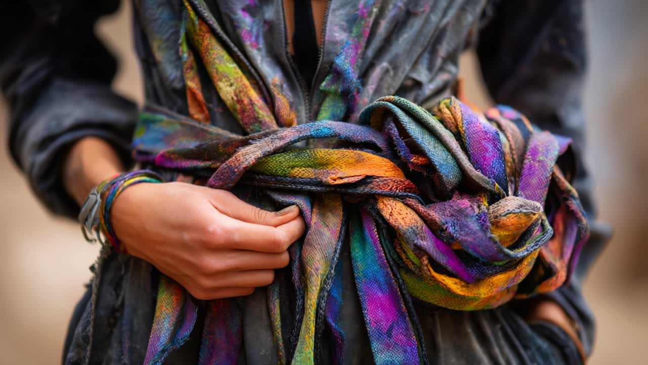 Close-Up of an Artistically Wrapped Colorful Scarf Tied Around a Dark Jacket, Showcasing Intricate Textures and Vibrant Hues, Conveying a Sense of Unique Fashion and Style