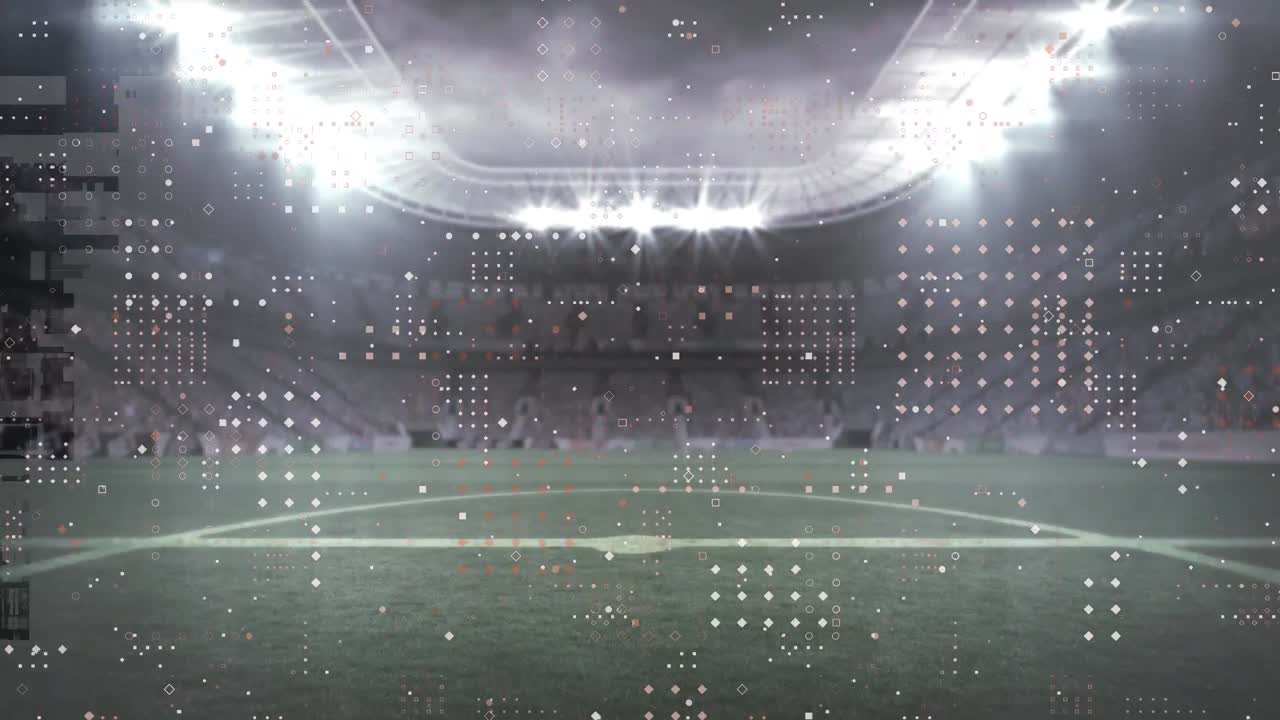 Animation of white spots moving over sports stadium