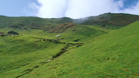 Landscape-Drone-shot-of-Nepal-nature,-sheeps-grazing-in-a-line,-green-land-,-blue-sky-and-clouds