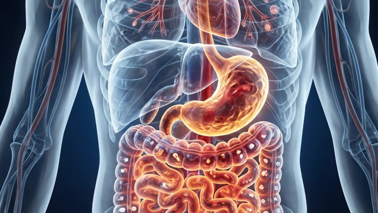 Visualizzazione anatomica del sistema digerente umano con organi gastrointestinali evidenziati