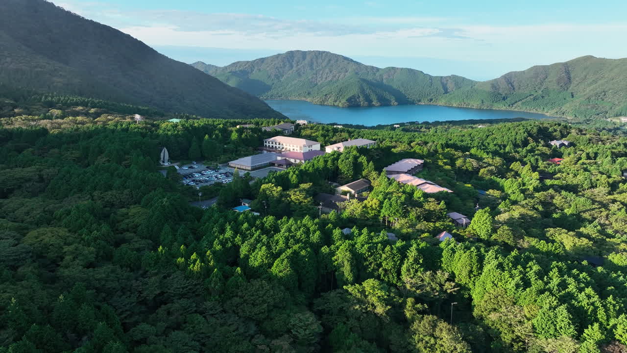 Aerial View Of Hotel Green Plaza Hakone Overlooking The Mountains And Lake Ashi In Kanagawa, Japan