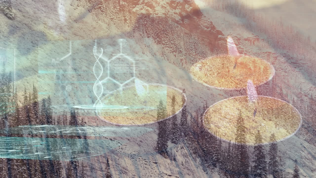 animación de velas y pantallas con datos científicos que se mueven sobre el paisaje montañoso