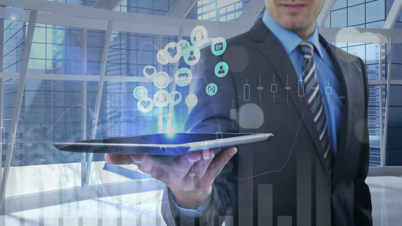 Animation of financial data processing over man using tablet