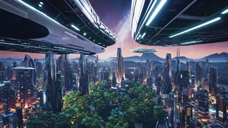 futuristic city with ufos