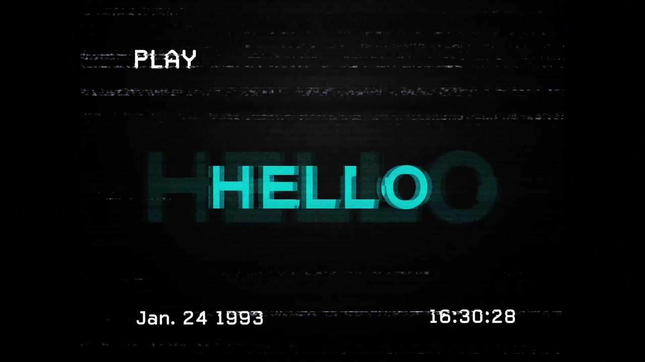 VHS-style glitch frame being displayed in scene, with PLAY overlay, date stamp, time stamp, static