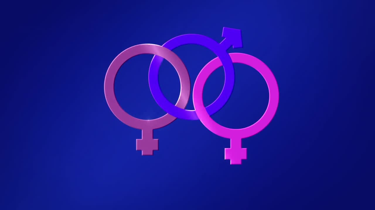 양성애 기호의 애니메이션, 파란색에 연결된 보라색과 분홍색의 남성 및 두 개의 여성 성별 기호