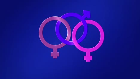 Animation-Eines-Bisexuellen-Symbols,-Verknüpfte-Violette-Und-Rosafarbene-Männliche-Und-Zwei-Weibliche-Geschlechtssymbole-Auf-Blau