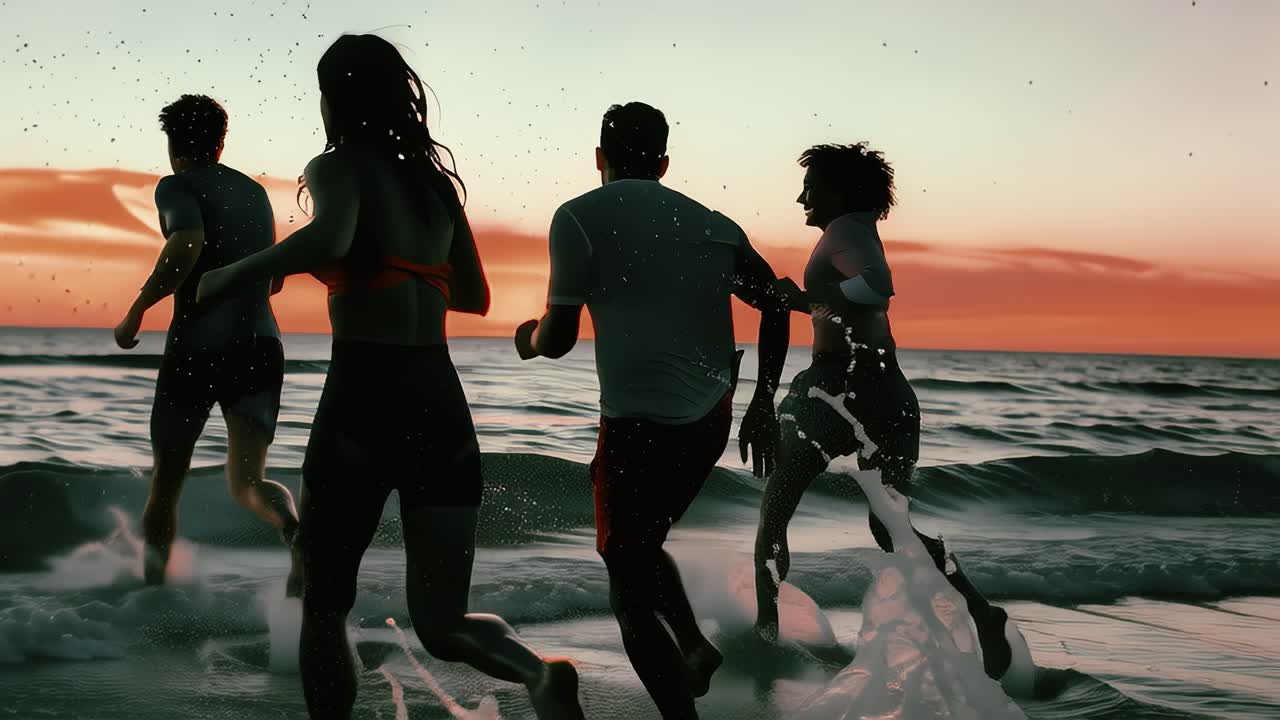 해가 지면 해변에서 달리는 친구들