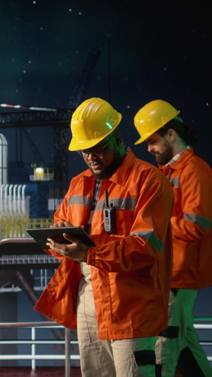 Vertical video Drilling barge specialist struggles with oil crisis logistics, using tablet