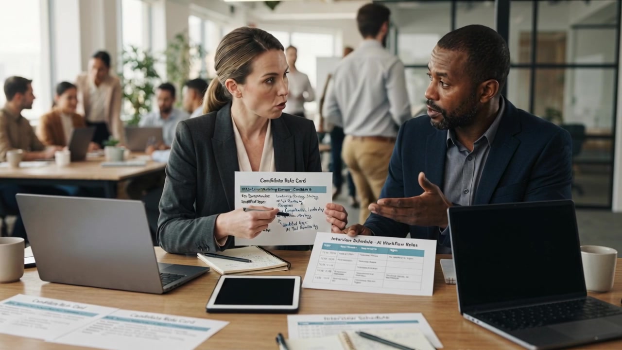 Holding candidate role card woman in blazer pointing and man gesturing at desk reviewing schedule
