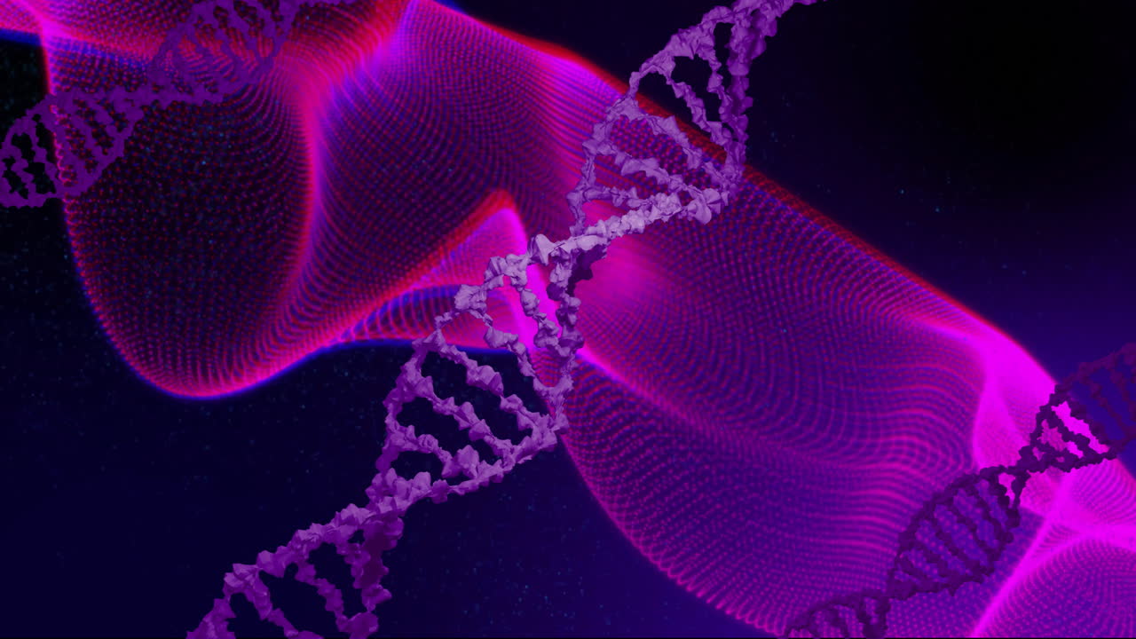 cadena de adn y ondas digitales, animación de procesamiento de datos científicos
