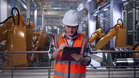 asian male engineer with safety helmet taking note on the tablet and looking around while standing with industrial robotic arms working