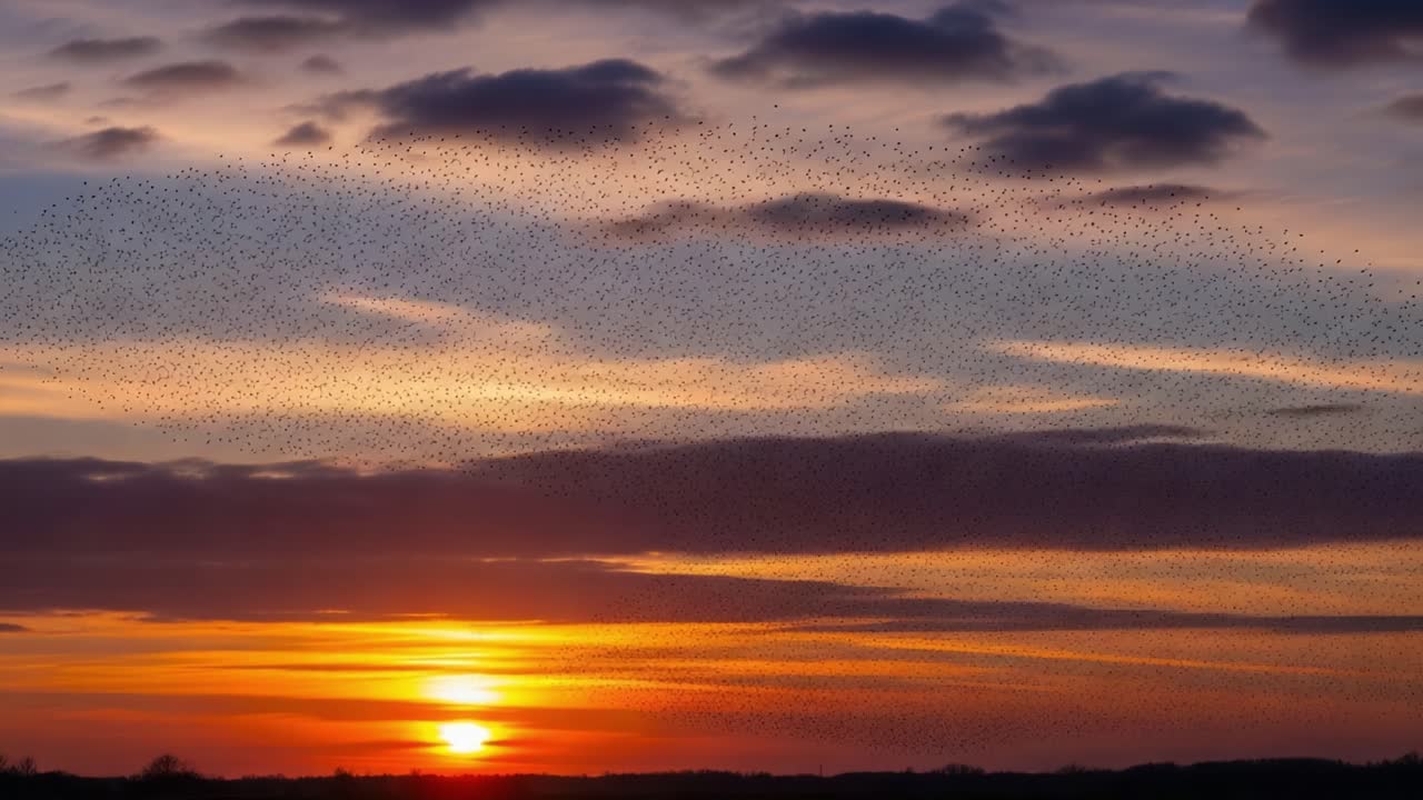 A breathtaking sunset over a tranquil landscape is adorned by a mesmerizing murmuration of starlings, showcasing nature's beauty in harmony with the sky's vibrant colors