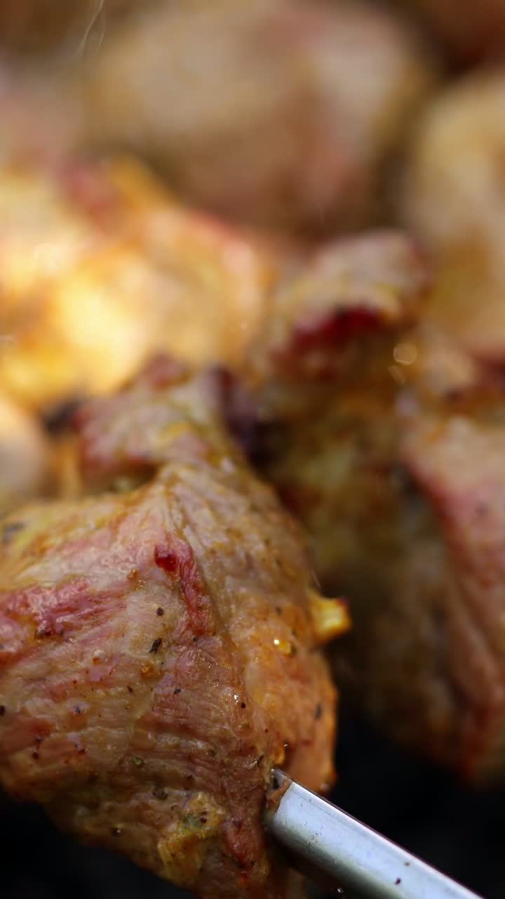 Barbecue cooking. Meat roasts on fire. Tasty pork on skewers on grill. Kebab. Delicious food. Close-up. Vertical video
