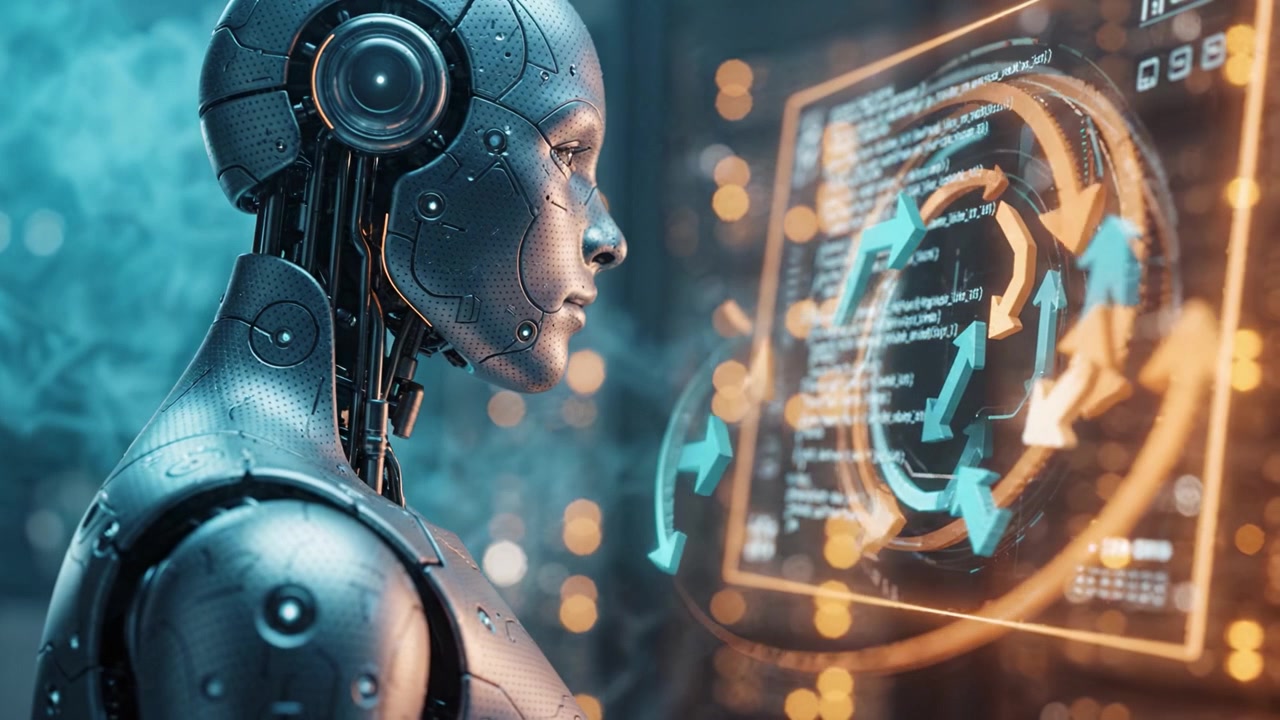 A futuristic humanoid robot interacting with advanced digital interfaces, showcasing artificial intelligence and technological innovation in a high-tech environment.