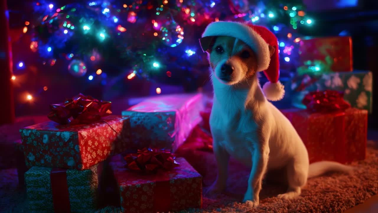 A festive little dog wearing a Santa hat joyfully poses among beautifully wrapped presents beside a dazzling Christmas tree adorned with colorful lights, creating a heartwarming holiday scene