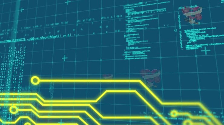 Animation of data processing and yellow lines on blue background