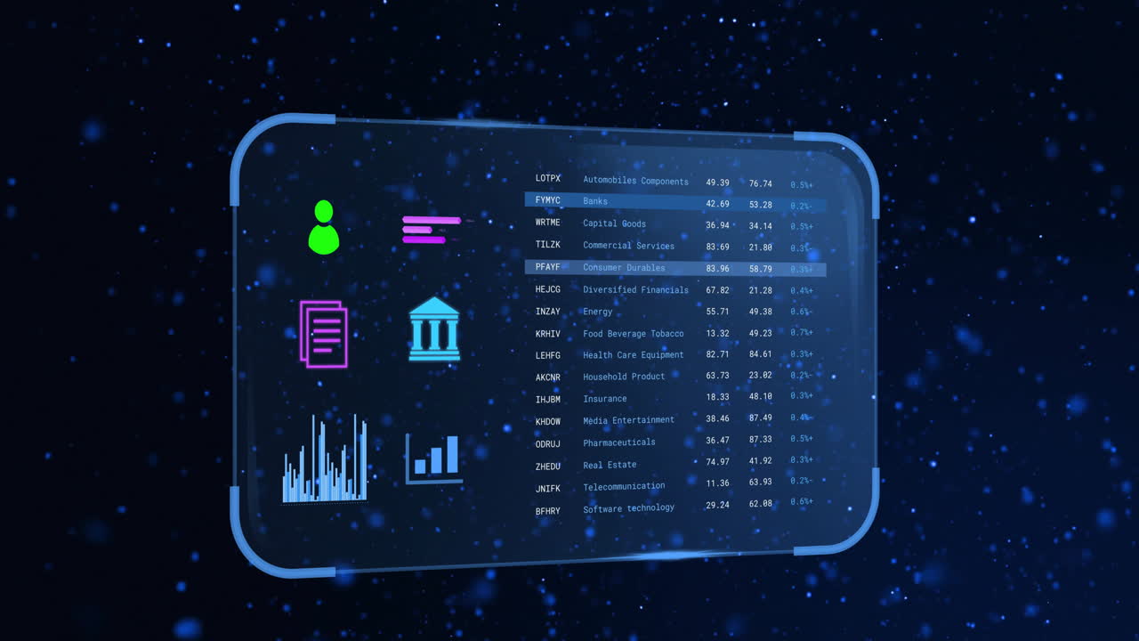 Animation of screen with banking data over black background