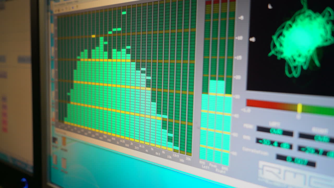 Music studio audio mixer with digital display showing audio waves. Recording Studio