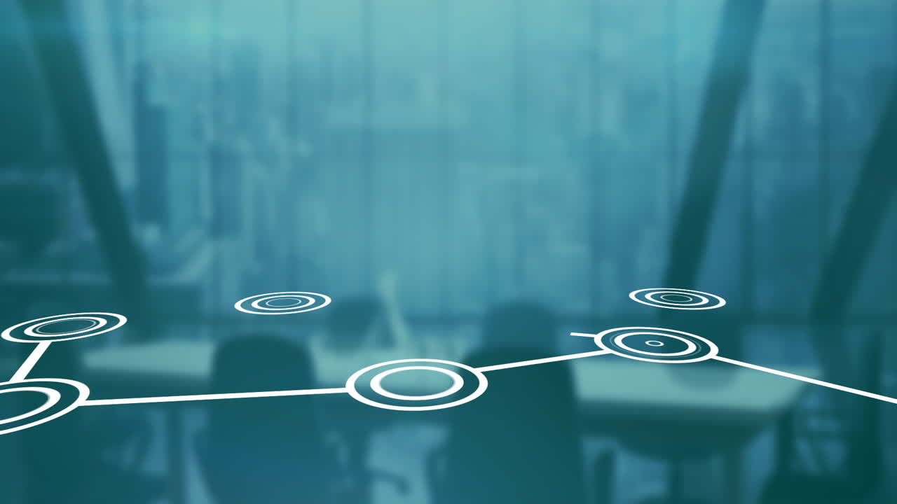 Network of connections and data processing animation over office conference room