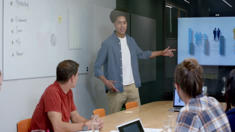 young biracial man presents in a modern casual business office, with copy space