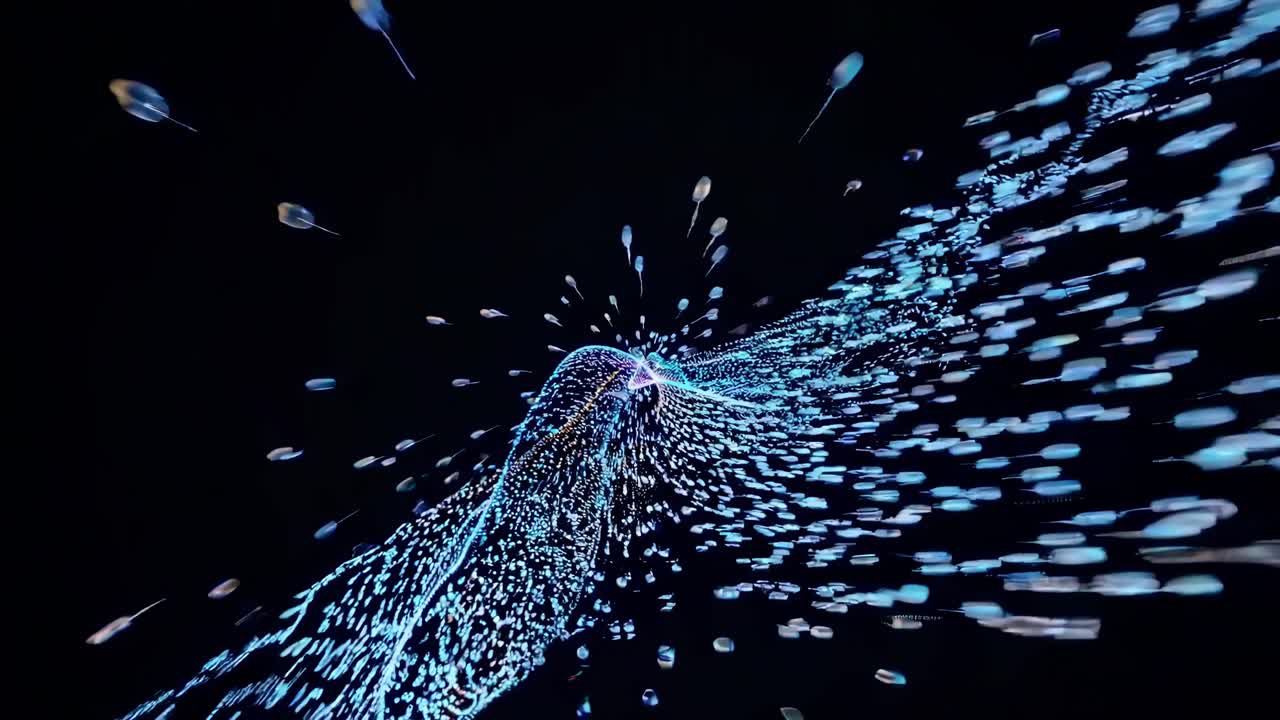 Glowing digital particles dynamically evolving, growing into intricate abstract shapes while flowing and transforming across dark background with vibrant energy
