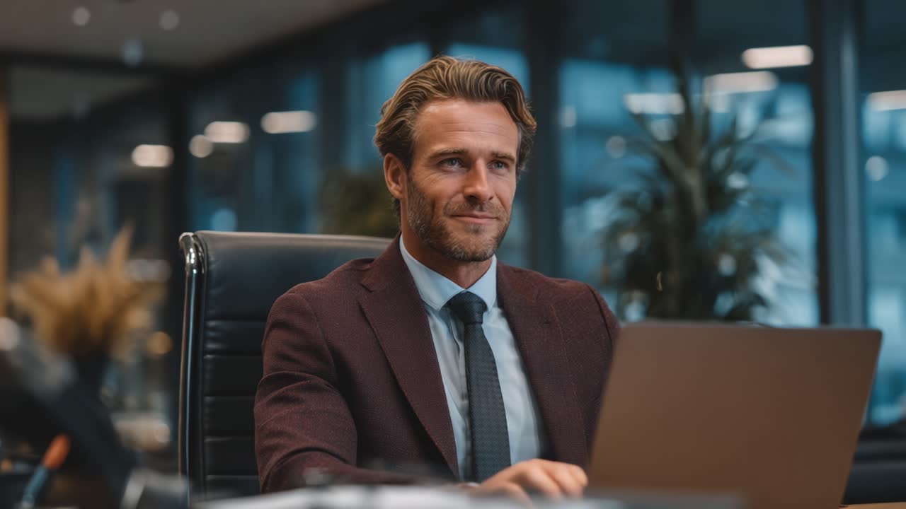 En selvsikker forretningsmand, der arbejder med sin bærbare computer i et moderne kontormiljø, der viser en følelse af præstation og professionalisme i en virksomhedsramme