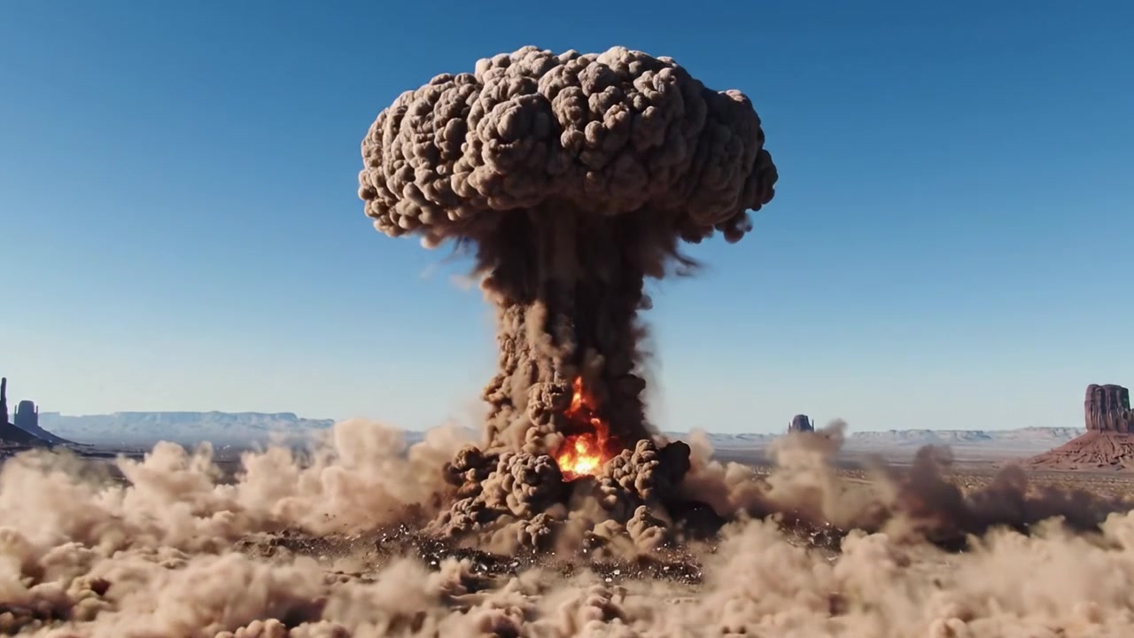 Spettacolare sequenza di un'esplosione controllata in un vasto paesaggio desertico, che cattura la dinamica formazione di una nube a fungo tra il terreno sabbioso.