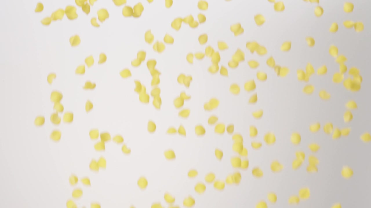 Conchiglie di maccheroni secche e crude che piovono su uno sfondo bianco al rallentatore, primo piano macro.
