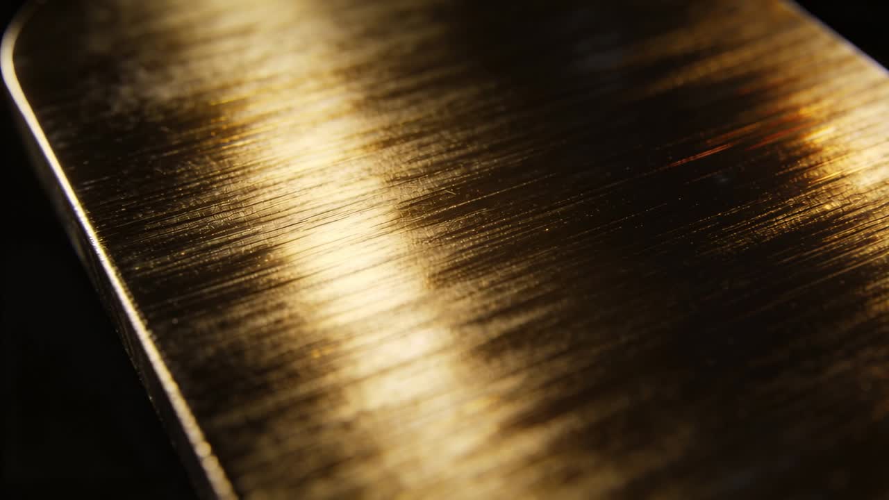 Telecamera in movimento che rivela un pannello di metallo spazzolato con una fascia calda che si sposta nello studio, esponendo un angolo smussato.