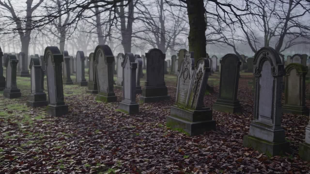 Eerie cemetery scene with rows of tombstones, captured at a low angle