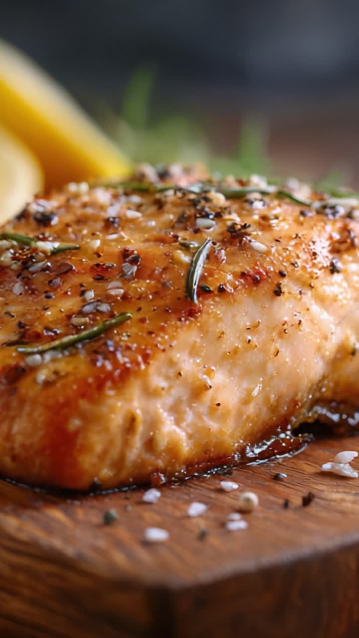 Filetto di salmone sfrigolante glassato alla perfezione con erbe aromatiche e spezie, che esalta il sapore ricco e la succosità del pesce fresco