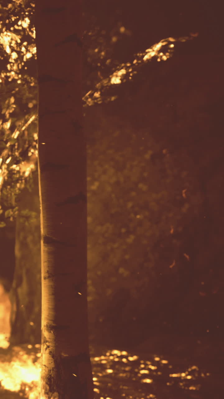 Light shines through trees in a forest during early evening hours