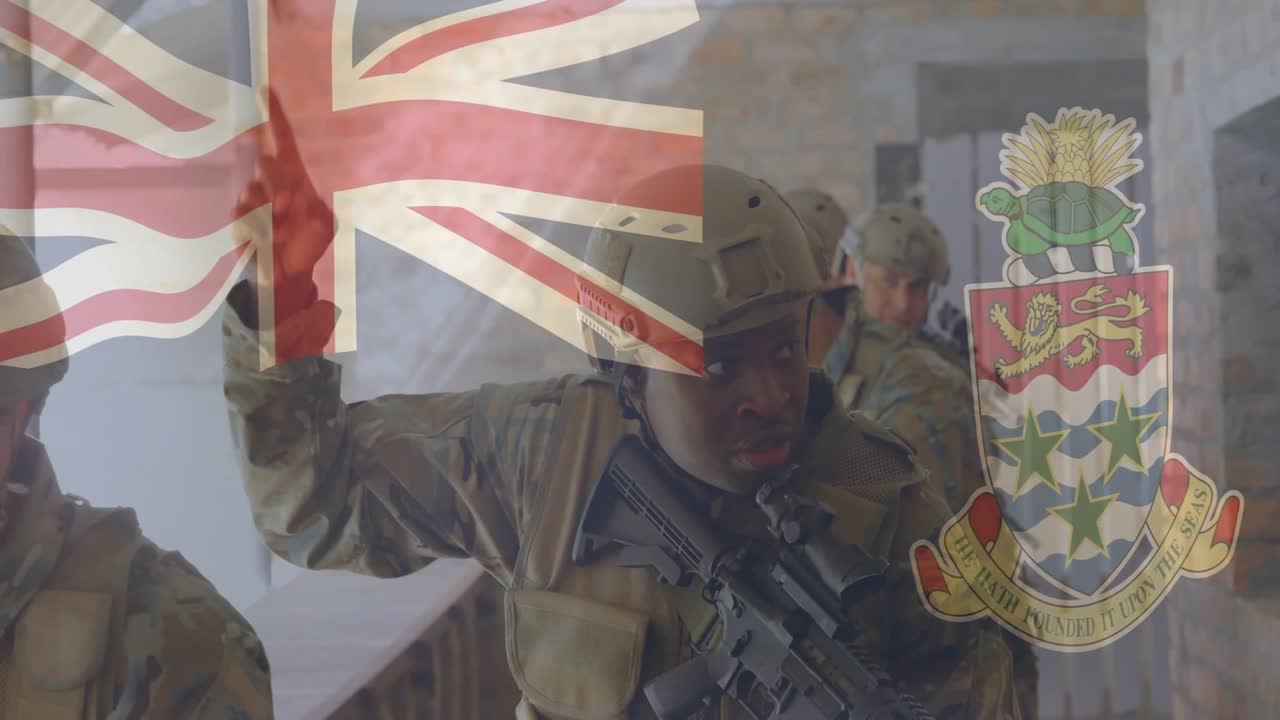 Equipo militar avanzando por un pasillo de ladrillo, levantando la mano, con rifles y una superposición de la Union Jack.