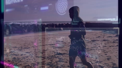 jogging on beach, person with digital data overlay in background