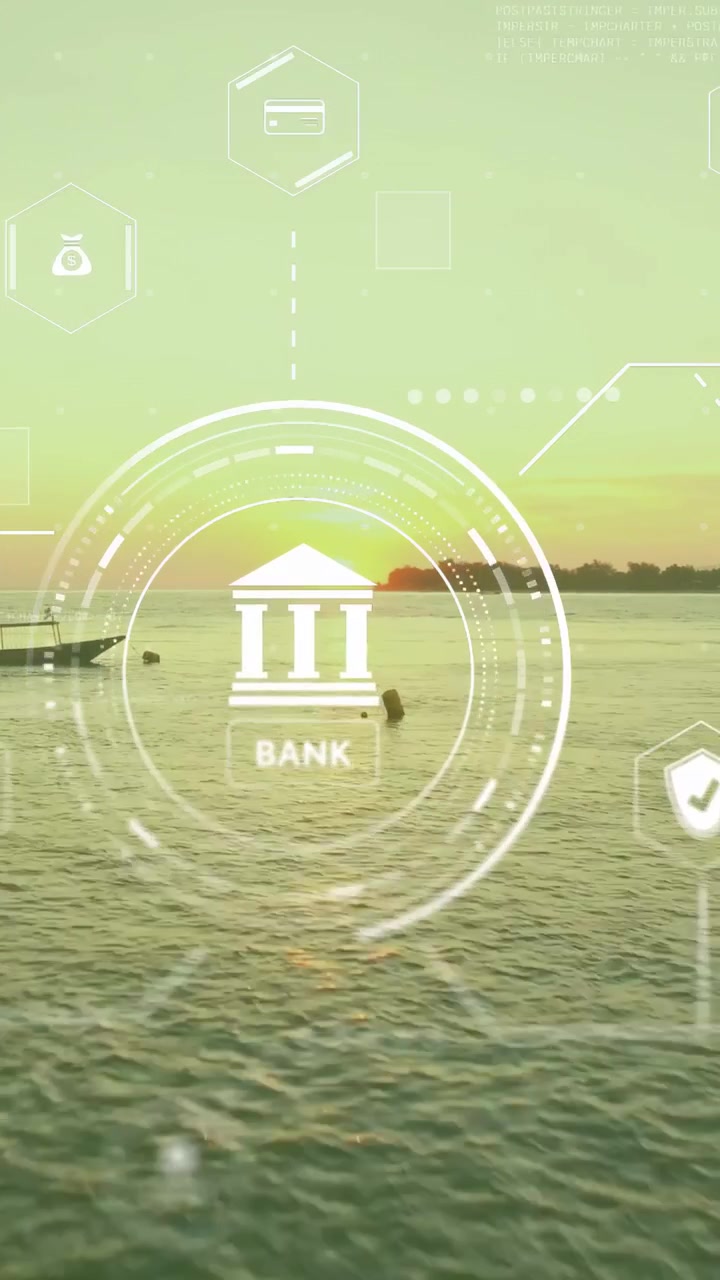Vertical video: HUD rising over sea pulsing hex icons drifting swimmer bobbing showing bank data