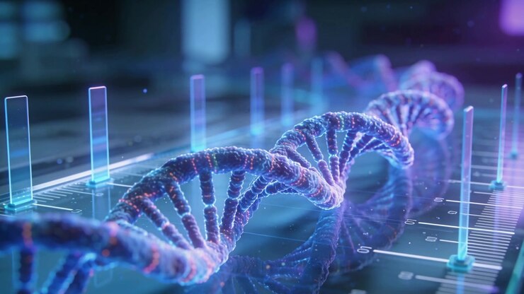 Entering left, DNA helix moving across holo surface, lighting grids, data pillars, specks for study