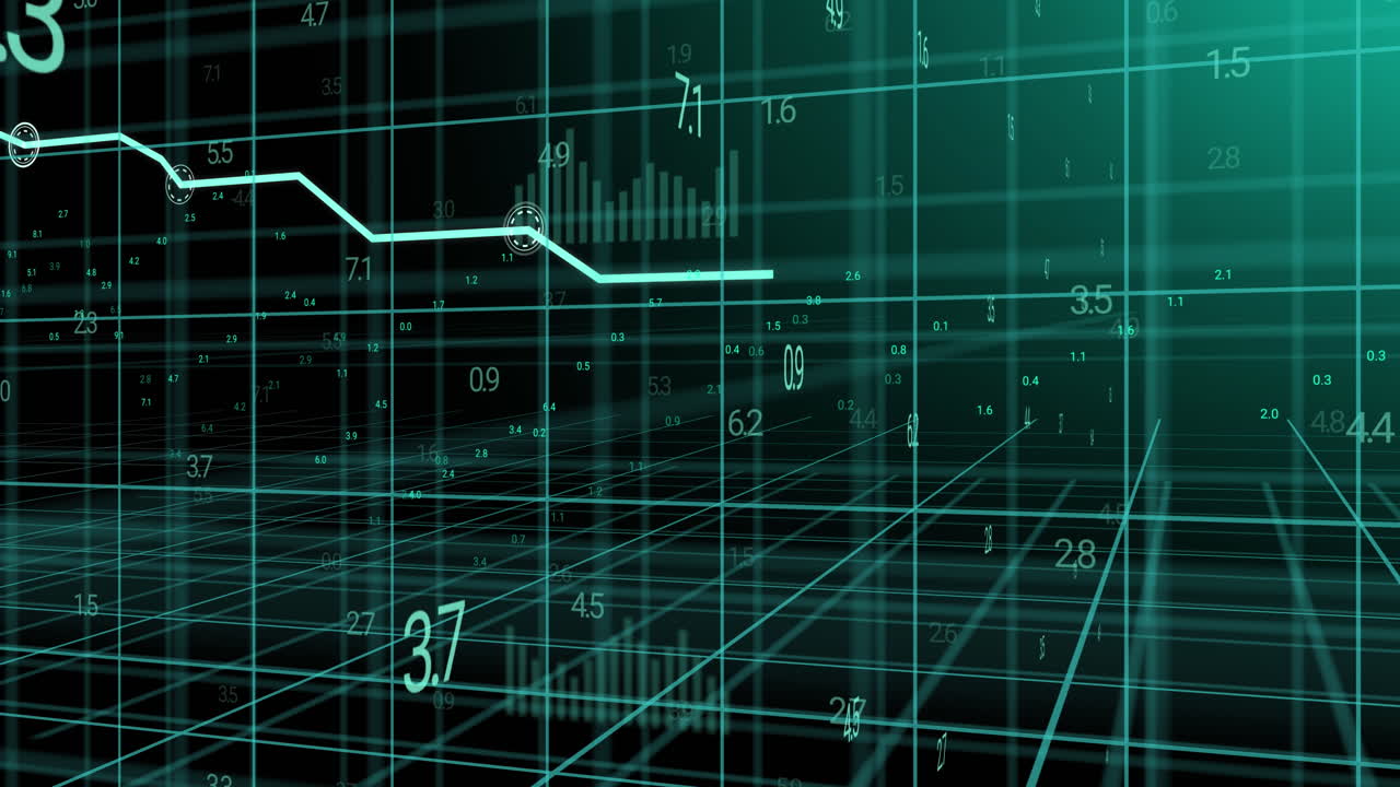 Animation of data processing and grid on black background