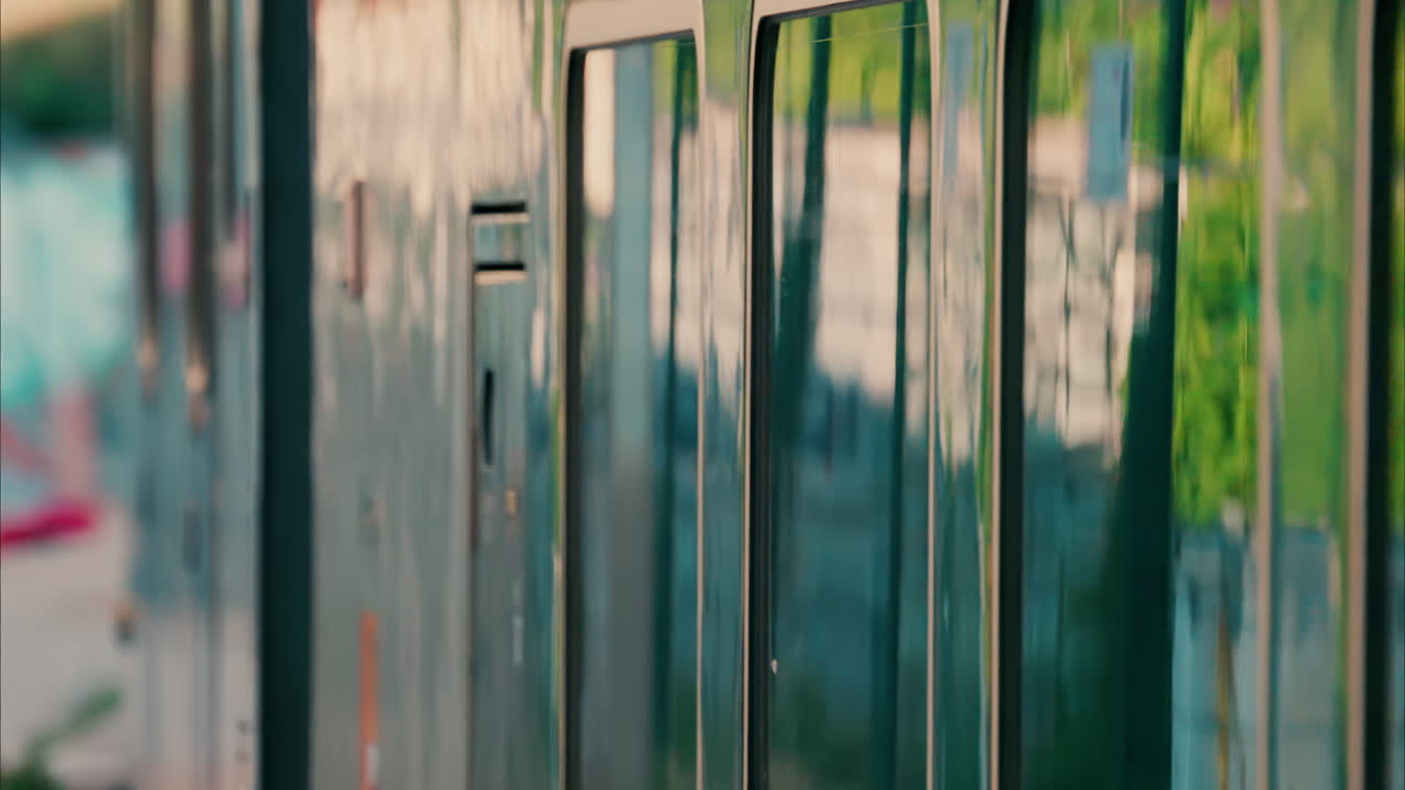 Close up of a train moving on the rails near a station in Nice, France