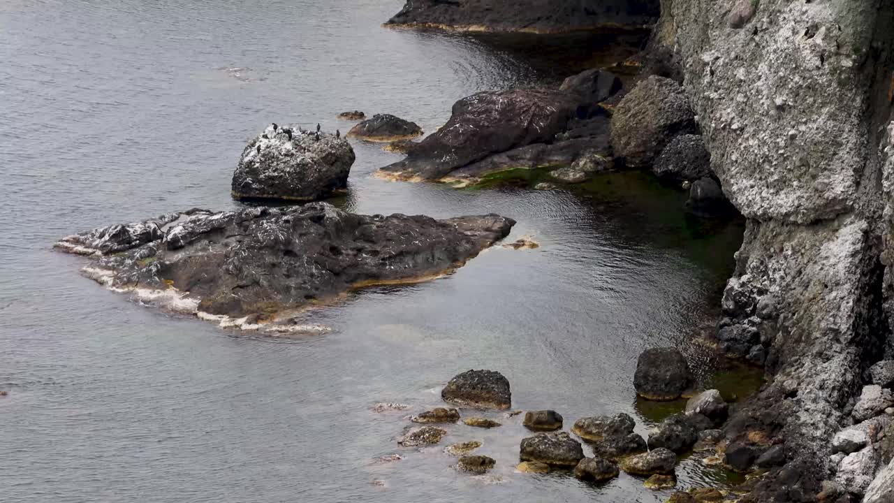 Rough waves hitting rocks along seaside cliffs in grey weathered landscape